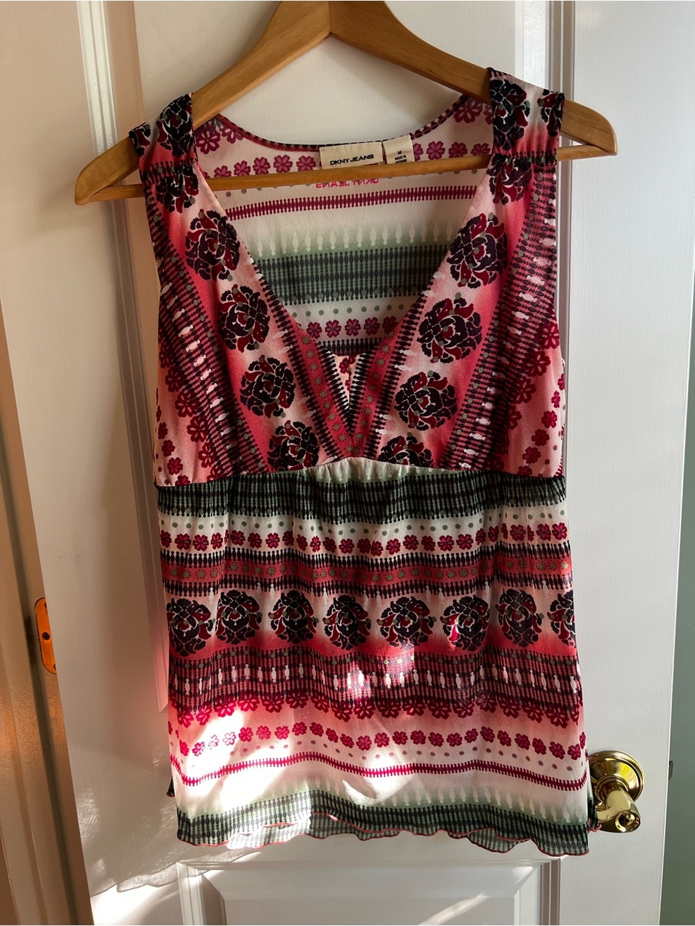 Dkny Vintage Y2K Boho Fairy Grunge Stripe V-Neck Sheer Babydoll Top